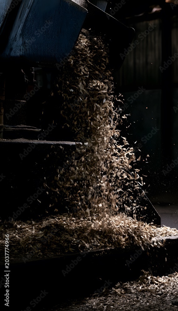 Obraz premium Raw wood shavings flow dramatically showcasing industrial processing and rich textural detail against a dark backdrop