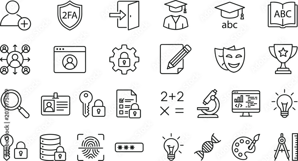 Naklejka premium Education and Technology Line Icons Set Featuring Learning, Security, Science, Creativity, and Innovation Concepts for Academic Design