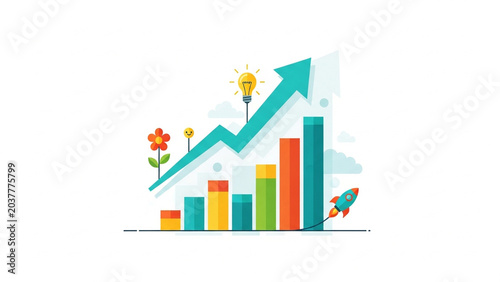 Colorful Bar Chart with Upward Arrow Growth and Rocket Illustration