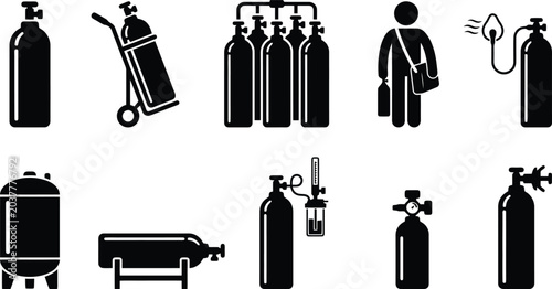 Foto Industrial and Medical Oxygen Gas Cylinder Tank Icon Set for Healthcare Equipmen