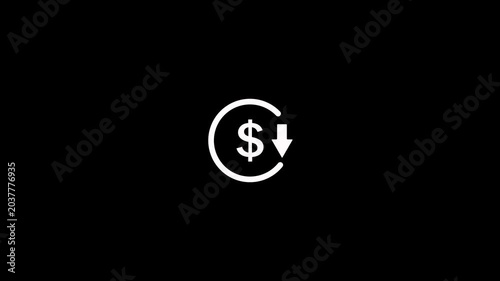 Decrease icon for Reduce cost sign concept with dollar and down arrow animation on a black background. Dollar rate up to down looped sign and symbol icon animation concept