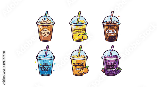Assortment of Six Cold Drinks in Disposable Cups Vector Illustration