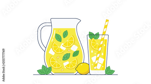 Fresh Lemonade Pitcher and Glass with Mint Leaves Vector Illustration