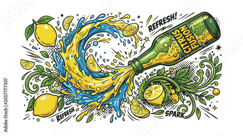 Dynamic Illustration of Citrus Fusion Drink Splashing from a Bottle with Lemons