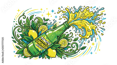 Vibrant Lemonade Bottle with Splash and Citrus Fruits Illustration
