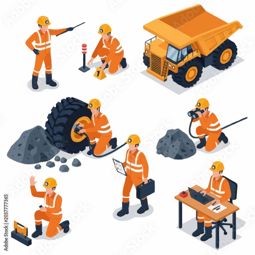 Construction Workers Performing Various Tasks with Equipment.