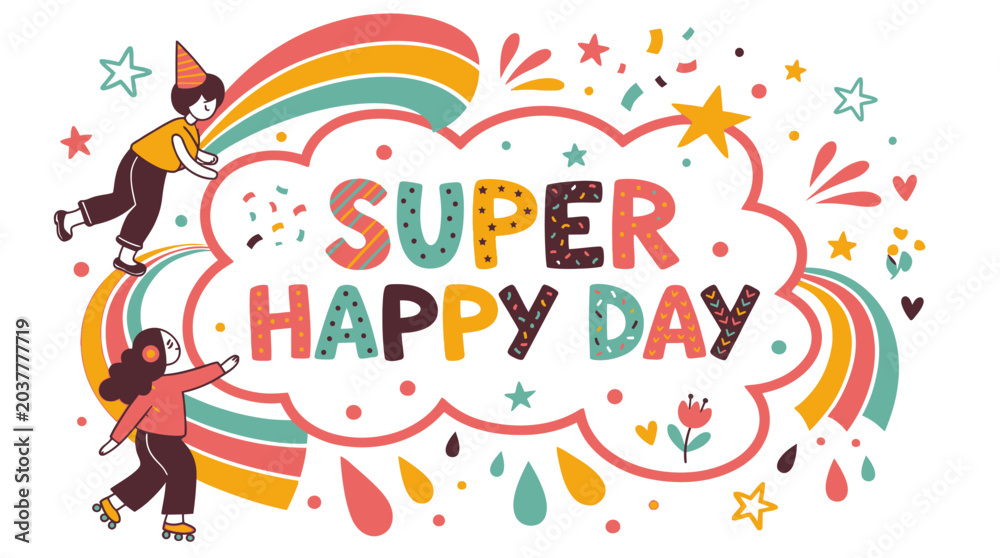 Αυτοκόλλητο Vibrant illustration of people celebrating a super happy day with colorful decor