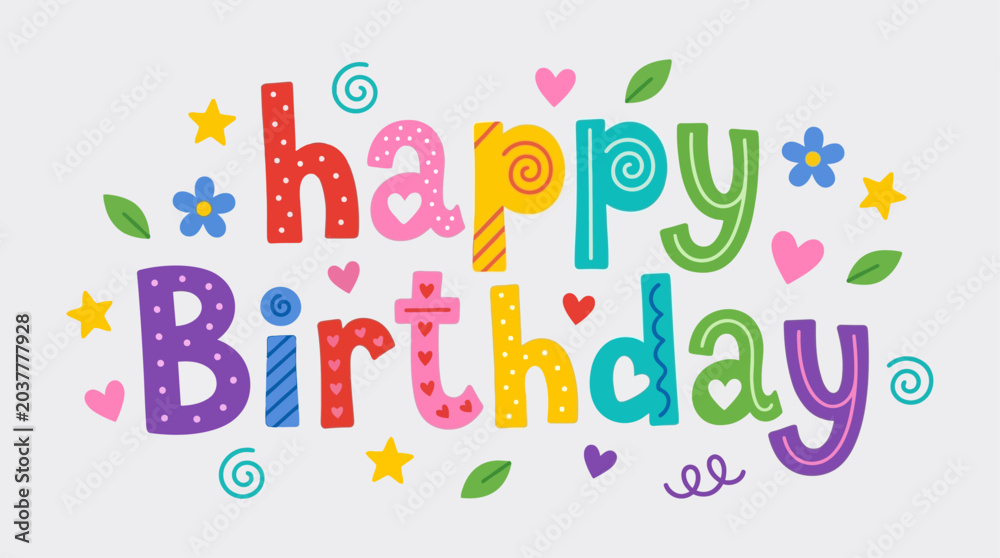 Obraz premium Colorful happy birthday celebration with decorations and letters