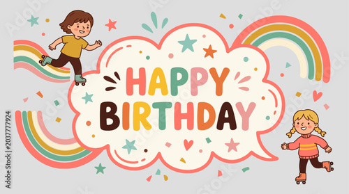 Fotografia Two children skate around a colorful birthday sign with rainbows.