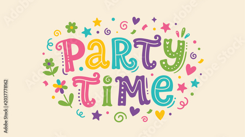 Fotografie Vibrant Party Time Celebration with Colorful Decorations and Text