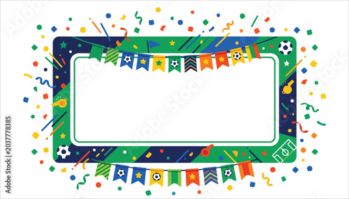 Festive soccer-themed frame with colorful pennants, confetti, and sports elements, perfect for celebration invitations or banners.