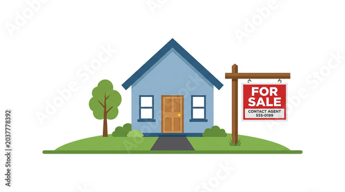 House for Sale Sign with Residential Property Flat Vector Illustration