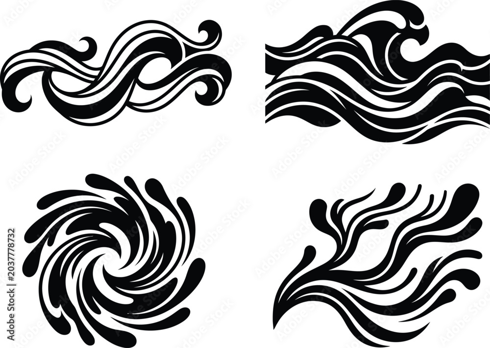 Fototapeta premium Group of four conceptual black fluid flowing shapes and water splash vector illustrations for various visual designs.