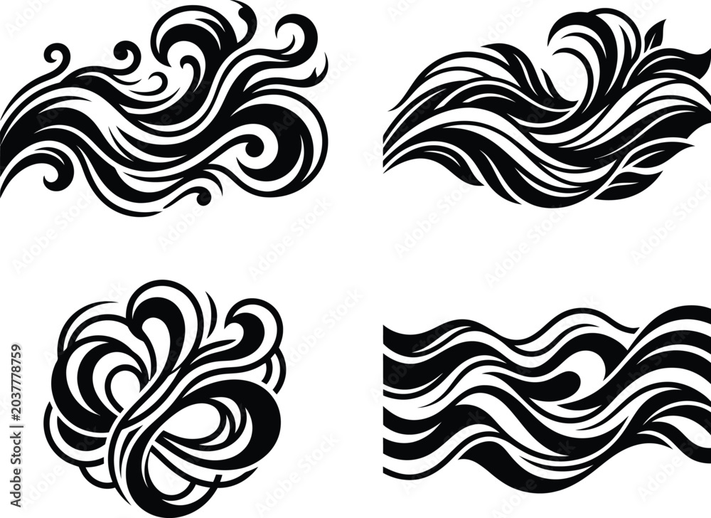 Fototapeta premium Assortment of four non-representational black and white vector illustrations depicting swirling wind and flowing water currents.