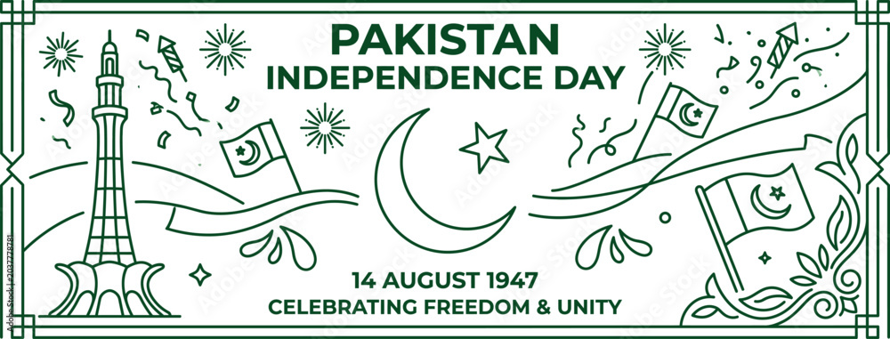 Obraz premium Pakistan independence day linear banner with minarepakistan and festive elements