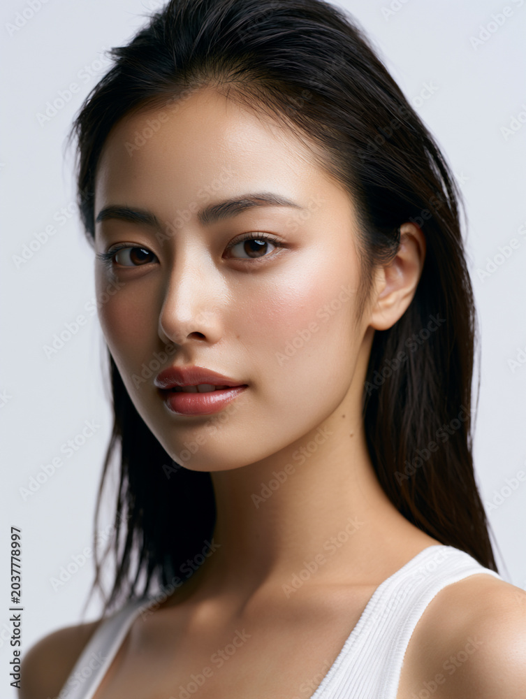 Fototapeta premium natural beauty portrait of east asian cosmetic model with dewy skin, elegant east asian woman with natural makeup and glossy lips, radiant asian beauty model with luminous skin and straight black hair
