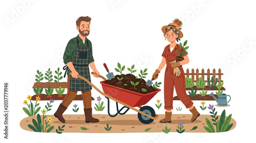 Happy Gardener Couple Carrying Soil in Wheelbarrow Flat Illustration