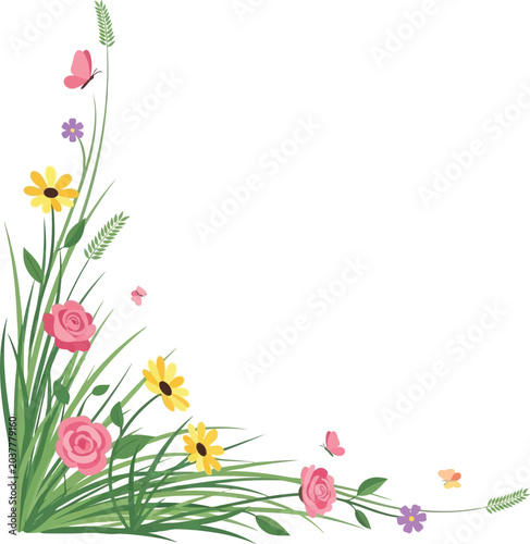Floral corner arrangement with butterflies and wildflowers isolated on transparent background