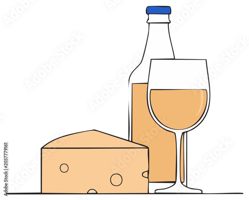 Minimalist vector illustration of a wine and cheese pairing with a bottle and glass