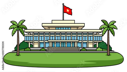 Vietnam Government Building With Flag Palm Trees Vector Illustration