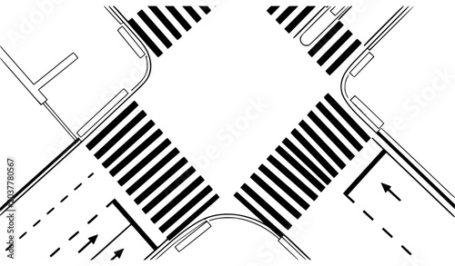 Schilderij op canvas Isometric Black White City Road Crosswalk Intersection Graphic Sketch Vector Ill