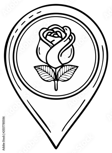 Rose flower symbol on map pin location marker doodle illustration