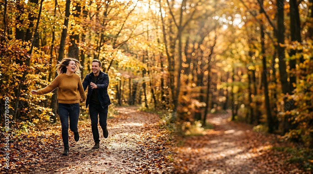Fototapeta premium Happy couple running on a trail in an autumn forest during golden hour