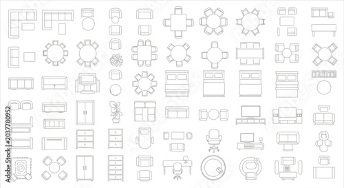 Collection of architectural furniture symbols and icons for interior design plans.