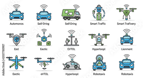 Collection of autonomous vehicle and drone icons.