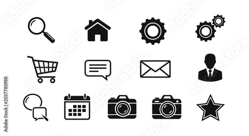 Collection of Black Icons Representing Various Functions and Services.