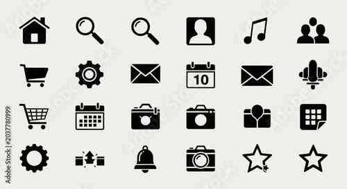 Collection of black interface icons on a light background.