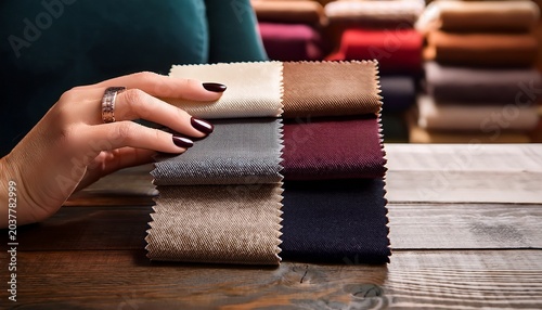 hands with dark nail polish selecting fabric swatches for interior design or upholstery close up of textile samples and color options on wooden table