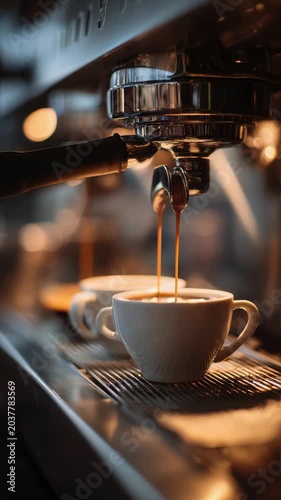 Coffee brewing process in a cafe with espresso machine at morning hours in a busy city
