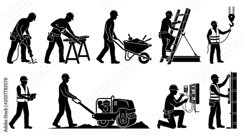 Construction workers performing various tasks.