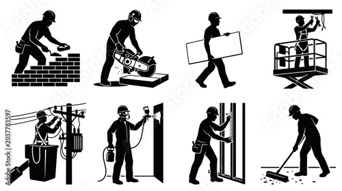 Construction workers performing various tasks.