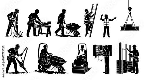 Construction workers with various tools.