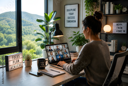 Remote Work Video Conference Setup in Cozy Home Office with Natural Light