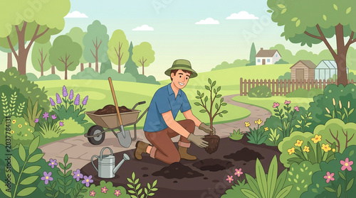 Man Planting Young Tree in Garden