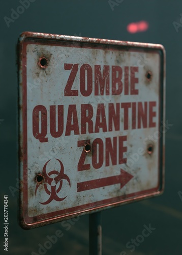 Rusty zombie quarantine zone sign with biohazard symbol and bullet holes