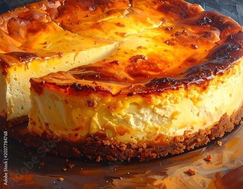 Close-up of a golden-brown baked dessert on a metallic surface, with a slice removed revealing a creamy interior