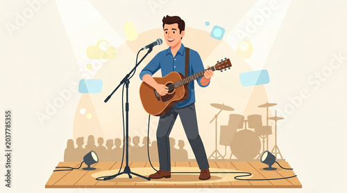 Male Musician Playing Guitar on Concert Stage