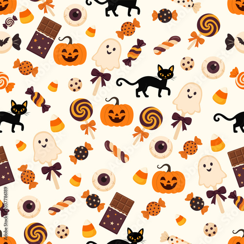 Halloween seamless pattern. Cute pumpkins,candies, swirl lollipops, wrapped sweets, candy corn, chocolate bars, ghost candies and black cats. 