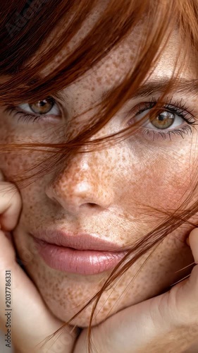 Close view of a woman with freckles touching her face in a well-lit setting with flowing hair in slow motion