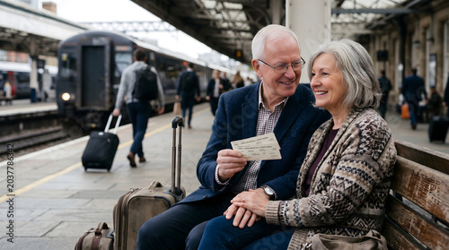 Smiling senior couple sitting on train station bench with tickets in casual relaxed atmosphere in natural daylight for travel advertising