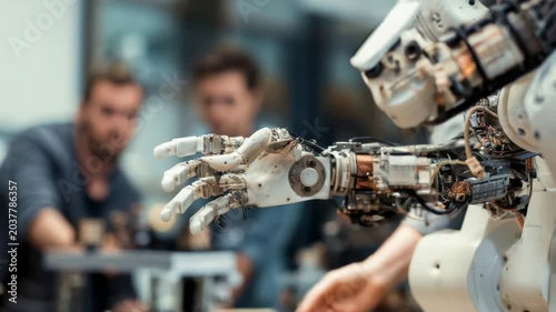 Advanced robotic hand working in a lab with researchers observing the technology in action during daytime