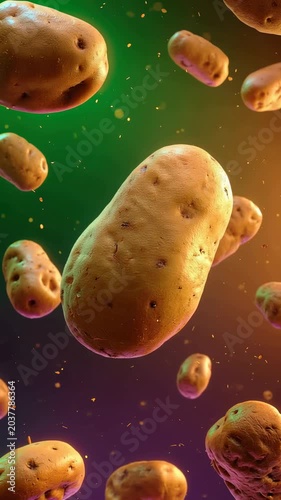 Floating potatoes in colorful background create unique visual experience in this imaginative display
