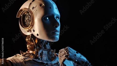 Robotic figure explores human-like features in close-up display with contrasting lighting