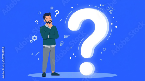 Thinking Man Beside Large Question Mark Illustration