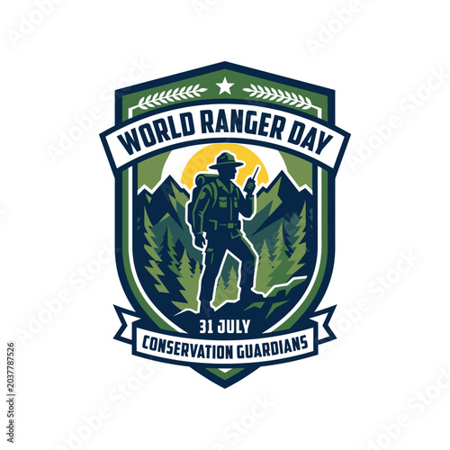 Photos Ranger emblem with mountain silhouette and forest trees a vintage style vector i