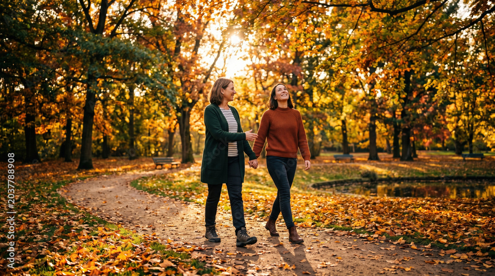 Obraz premium Promoting mental health insurance during autumn walks park setting lifestyle photography warm atmosphere positive perspectives